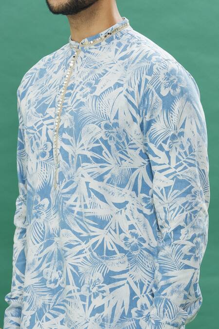 Spring Break_Blue Denim, Cotton Mirrors Tropical Print Kurta With Churidar_at_Aza_Fashions