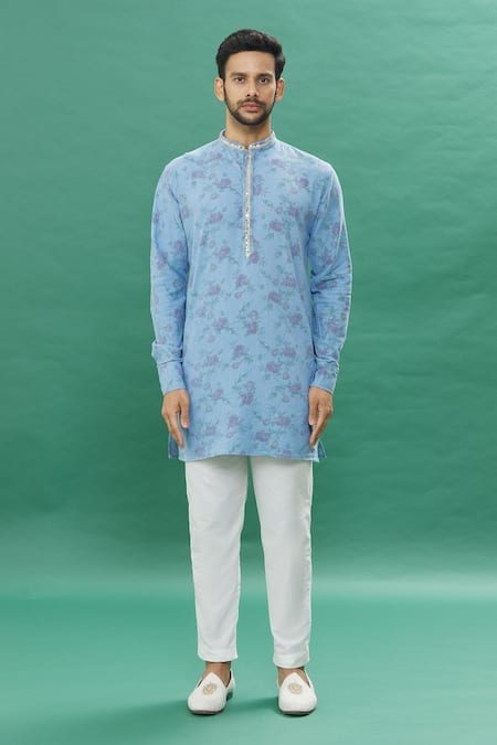 Buy Blue Denim Printed Floral Mirror Work Placket Kurta With