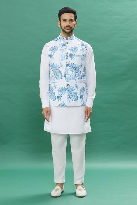 Buy Spring Break Blue Cotton Embroidery Leaf Print Jacket Kurta Set Online at Aza Fashions Buy_Spring Break_Blue Cotton Embroidery Leaf Print Jacket Kurta Set _Online_at_Aza_Fashions