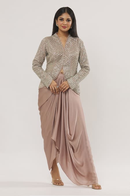 COUTURE BY NIHARIKA Feather Crystal Embellished Jacket With Skirt 