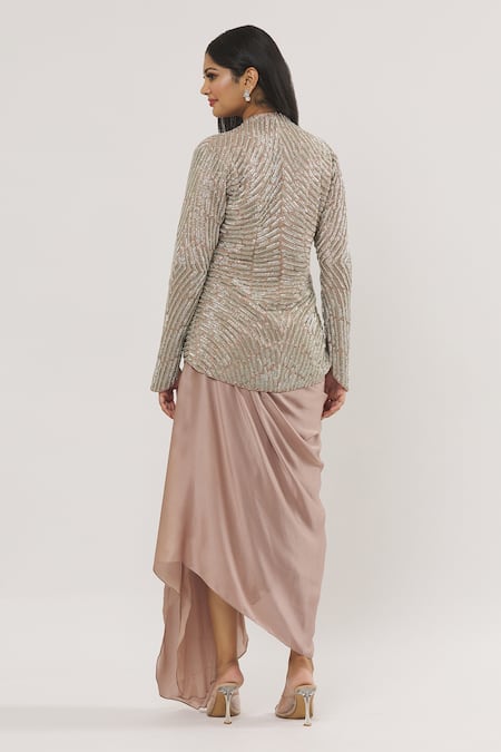 COUTURE BY NIHARIKA_Purple Embroidery High Neck Feather Crystal Embellished Jacket With Skirt _Online_at_Aza_Fashions