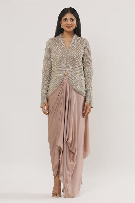 Buy_COUTURE BY NIHARIKA_Purple Embroidery High Neck Feather Crystal Embellished Jacket With Skirt _Online_at_Aza_Fashions