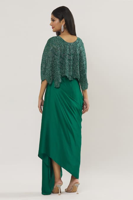 COUTURE BY NIHARIKA Green Satin Beads, Embroidery, Crystals Sweetheart Neck Feather Cape Skirt Set Online at Aza Fashions COUTURE BY NIHARIKA_Green Satin Beads, Embroidery, Crystals Sweetheart Neck Feather Cape Skirt Set _Online_at_Aza_Fashions