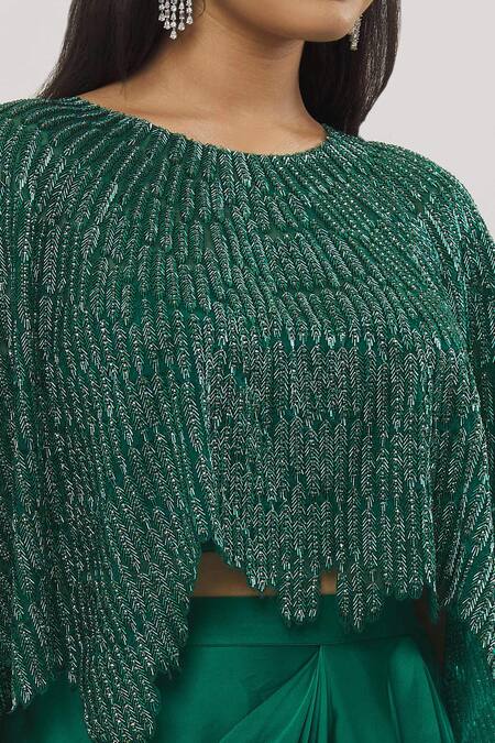 Shop COUTURE BY NIHARIKA Green Satin Beads, Embroidery, Crystals Sweetheart Neck Feather Cape Skirt Set Online at Aza Fashions Shop_COUTURE BY NIHARIKA_Green Satin Beads, Embroidery, Crystals Sweetheart Neck Feather Cape Skirt Set _Online_at_Aza_Fashions