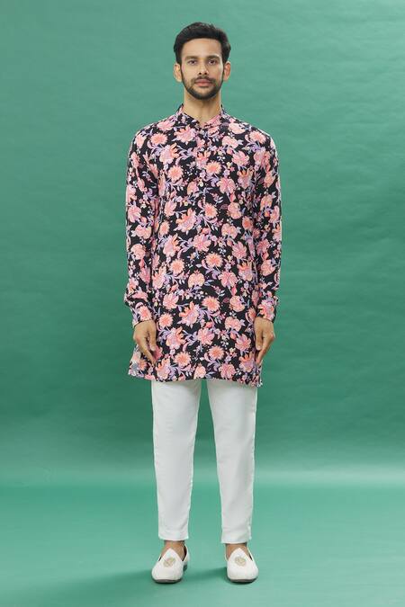 Spring Break Black Cotton Embroidery Printed Jacket Set With Contrast Churidar Online at Aza Fashions Spring Break_Black Cotton Embroidery Printed Jacket Set With Contrast Churidar _Online_at_Aza_Fashions