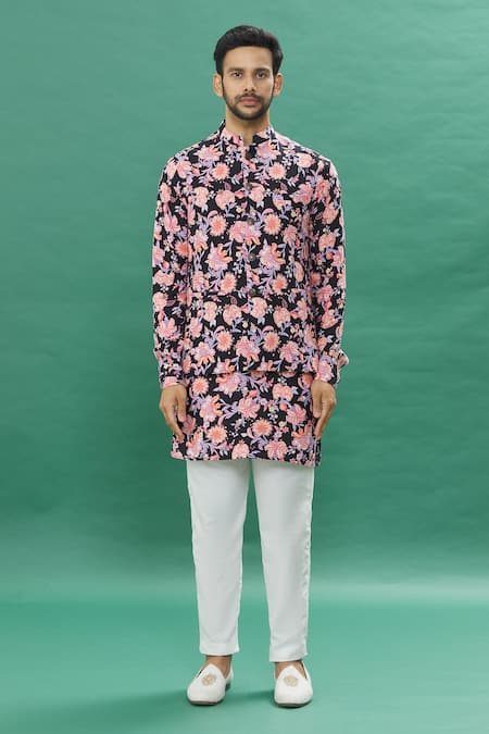 Buy Spring Break Black Cotton Embroidery Printed Jacket Set With Contrast Churidar Online at Aza Fashions Buy_Spring Break_Black Cotton Embroidery Printed Jacket Set With Contrast Churidar _Online_at_Aza_Fashions