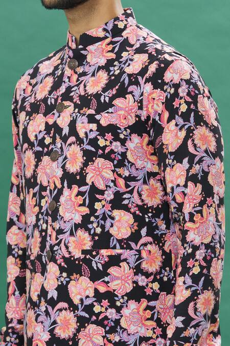 Shop Spring Break Black Cotton Embroidery Printed Jacket Set With Contrast Churidar Online at Aza Fashions Shop_Spring Break_Black Cotton Embroidery Printed Jacket Set With Contrast Churidar _Online_at_Aza_Fashions