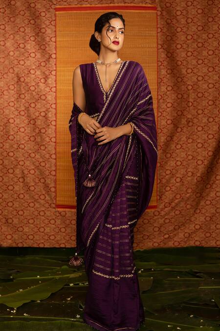 Deep Thee_Purple Silk, Chanderi Tassels, Embroidery Varna Ada Line Saree With Blouse _Online_at_Aza_Fashions