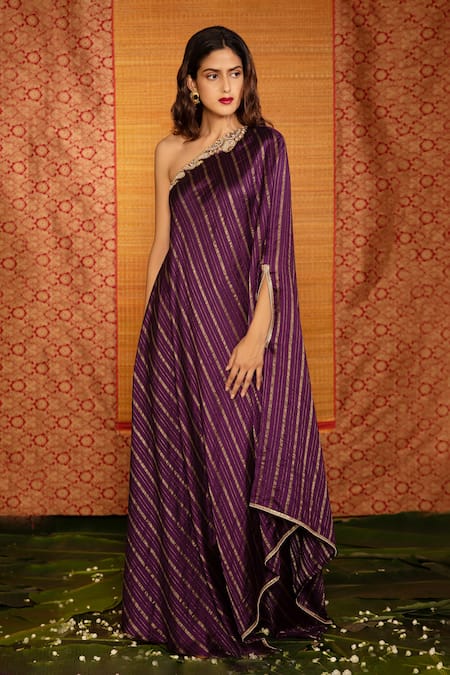 Deep Thee_Purple Silk Embroidery One Shoulder Striped Dress _Online_at_Aza_Fashions