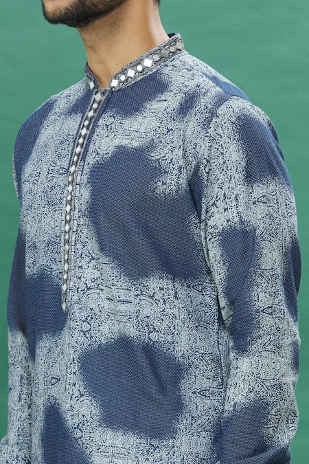 Shop_Spring Break_Blue Denim Mirrors Work Placket Kurta And Churidar Set For Kids_Online_at_Aza_Fashions