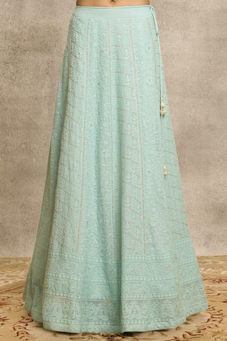 Buy_Alaya Advani_Blue Viscose, Georgette Embroidery Round Neck Chikankari Lehenga Set _Online_at_Aza_Fashions