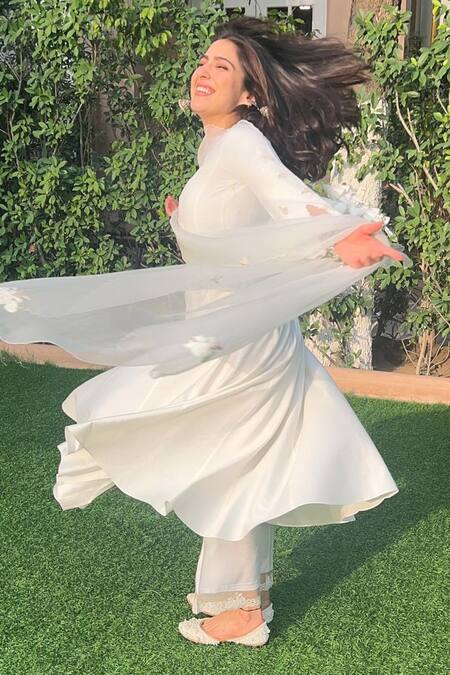 Buy_Devnaagri_Ivory Cotton, Organza, Embroidery Split Sleeve Anarkali Palazzo Set 