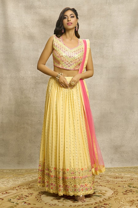 Yellow and Pink Embroidered Sequinned Semi-stitched Lehenga & Unstitched  Blouse With - Etsy