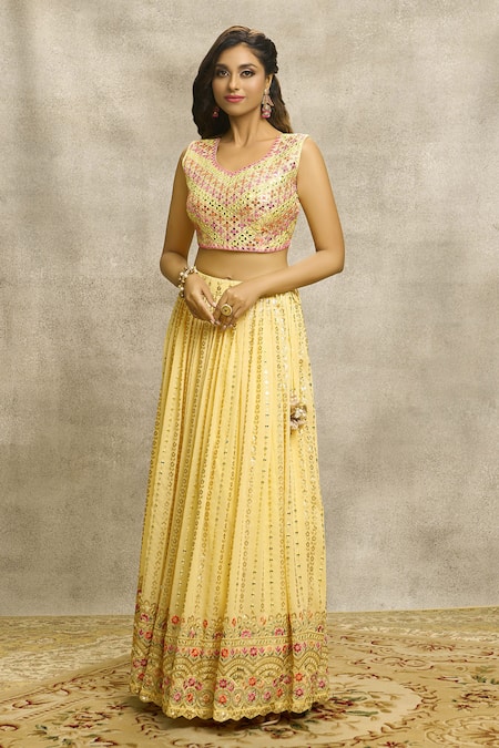 Buy_Ariyana By Aza_Yellow Silk, Net, Viscose Sequins, Mirrors, Embroidery Boat Neck Lehenga Set _Online_at_Aza_Fashions