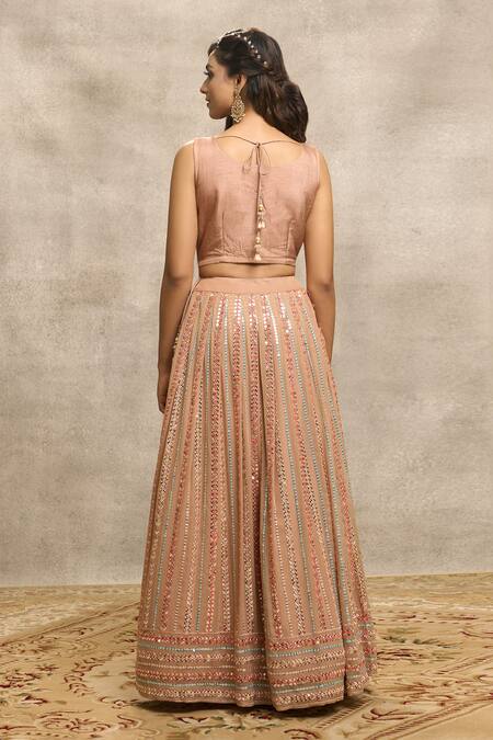 Shop_Aariyana Couture_Brown Silk, Viscose, Net Mirrors, Sequins Stripe Embroidered Lehenga Set_at_Aza_Fashions