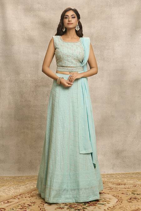 Shop_Alaya Advani_Blue Viscose, Georgette Embroidery Round Neck Chikankari Lehenga Set _Online_at_Aza_Fashions