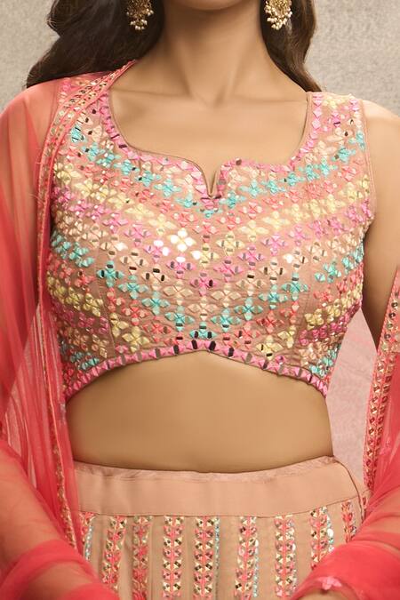 Aariyana Couture_Brown Silk, Viscose, Net Mirrors, Sequins Stripe Embroidered Lehenga Set_Online_at_Aza_Fashions