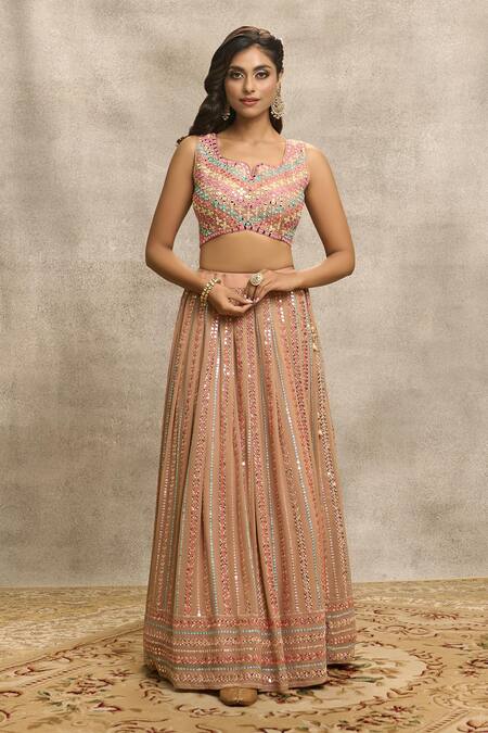 Buy_Aariyana Couture_Brown Silk, Viscose, Net Mirrors, Sequins Stripe Embroidered Lehenga Set_Online_at_Aza_Fashions
