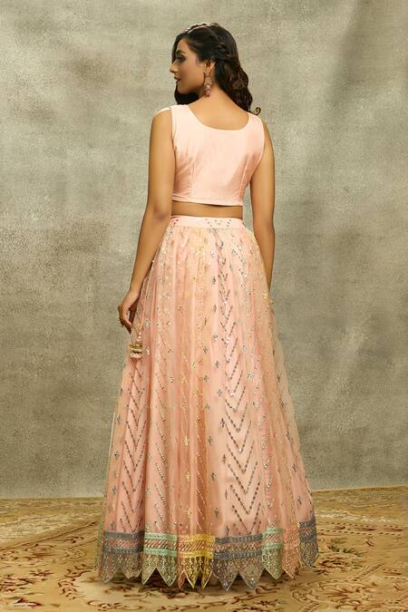 Shop Aariyana Couture Peach Silk, Net Sequins, Mirrors Round Neck Embroidered Lehenga Set at Aza Fashions Shop_Aariyana Couture_Peach Silk, Net Sequins, Mirrors Round Neck Embroidered Lehenga Set_at_Aza_Fashions