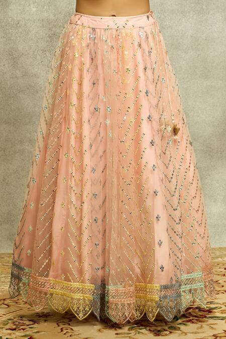 Shop Aariyana Couture Peach Silk, Net Sequins, Mirrors Round Neck Embroidered Lehenga Set Online at Aza Fashions Shop_Aariyana Couture_Peach Silk, Net Sequins, Mirrors Round Neck Embroidered Lehenga Set_Online_at_Aza_Fashions