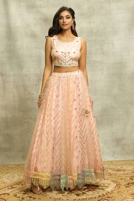 Buy Aariyana Couture Peach Silk, Net Sequins, Mirrors Round Neck Embroidered Lehenga Set Online at Aza Fashions Buy_Aariyana Couture_Peach Silk, Net Sequins, Mirrors Round Neck Embroidered Lehenga Set_Online_at_Aza_Fashions