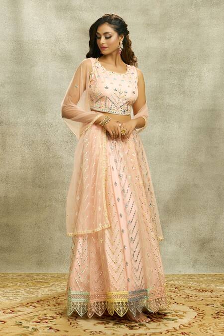 Aariyana Couture Peach Silk, Net Sequins, Mirrors Round Neck Embroidered Lehenga Set Online at Aza Fashions Aariyana Couture_Peach Silk, Net Sequins, Mirrors Round Neck Embroidered Lehenga Set_Online_at_Aza_Fashions