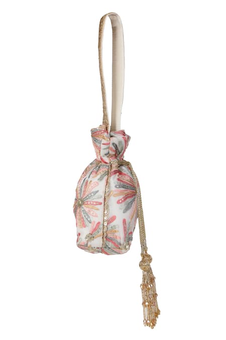 Fuchsia by aashaka mehta_Ivory Embroidery, Sequins Silk Iris Floral Work Potli Bag _Online_at_Aza_Fashions