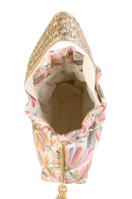 Shop_Fuchsia by aashaka mehta_Ivory Embroidery, Sequins Silk Iris Floral Work Potli Bag _Online_at_Aza_Fashions