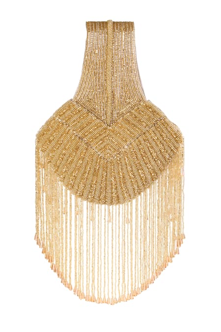 Fuchsia by aashaka mehta_Gold Beads, Tassels Enchanted Embellished Potli Clutch _at_Aza_Fashions