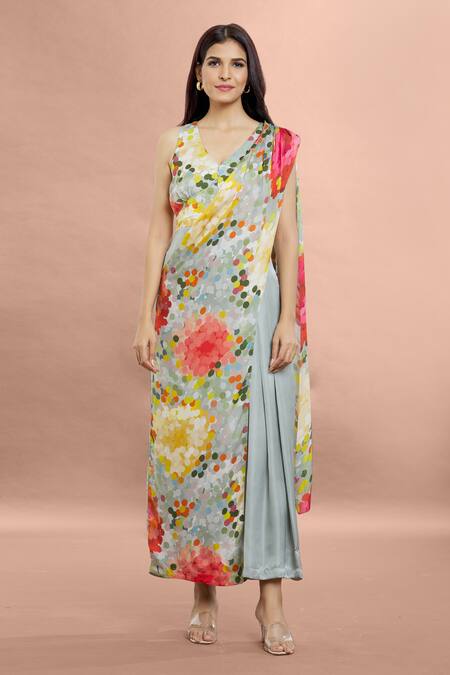 Buy Whimsical By Shica Grey Organza, Satin V-neck Dot Print Saree Draped Jumpsuit Online at Aza Fashions Buy_Whimsical By Shica_Grey Organza, Satin V-neck Dot Print Saree Draped Jumpsuit _Online_at_Aza_Fashions