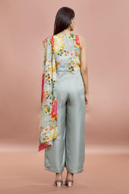Whimsical By Shica Grey Organza, Satin V-neck Dot Print Saree Draped Jumpsuit Online at Aza Fashions Whimsical By Shica_Grey Organza, Satin V-neck Dot Print Saree Draped Jumpsuit _Online_at_Aza_Fashions