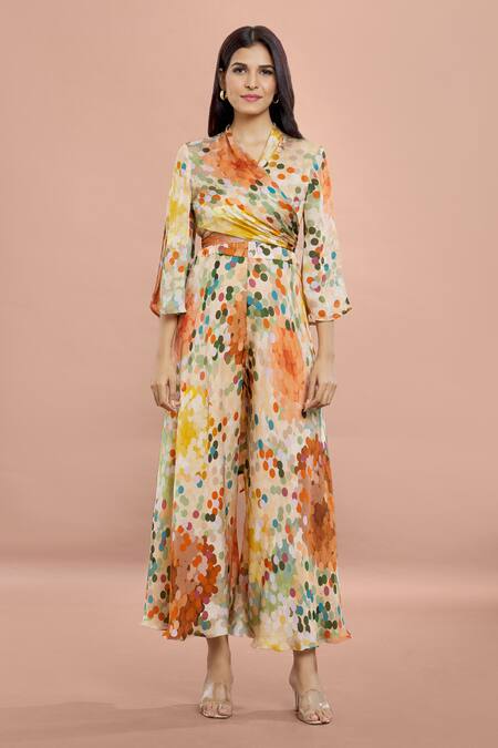 Buy Whimsical By Shica Brown Organza, Satin V-neck Dot Print Criss Cross Jumpsuit Online at Aza Fashions Buy_Whimsical By Shica_Brown Organza, Satin V-neck Dot Print Criss Cross Jumpsuit _Online_at_Aza_Fashions