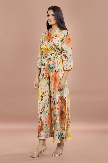 Shop Whimsical By Shica Brown Organza, Satin V-neck Dot Print Criss Cross Jumpsuit Online at Aza Fashions Shop_Whimsical By Shica_Brown Organza, Satin V-neck Dot Print Criss Cross Jumpsuit _Online_at_Aza_Fashions