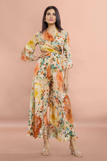 Whimsical By Shica Brown Organza, Satin V-neck Dot Print Criss Cross Jumpsuit at Aza Fashions Whimsical By Shica_Brown Organza, Satin V-neck Dot Print Criss Cross Jumpsuit _at_Aza_Fashions