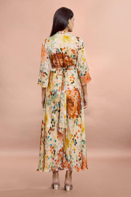 Whimsical By Shica Brown Organza, Satin V-neck Dot Print Criss Cross Jumpsuit Online at Aza Fashions Whimsical By Shica_Brown Organza, Satin V-neck Dot Print Criss Cross Jumpsuit _Online_at_Aza_Fashions