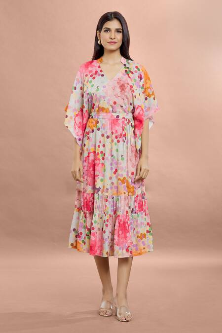 Buy Whimsical By Shica Coral Cotton, Silk V-neck Dot Print Dress With Belt Online at Aza Fashions Buy_Whimsical By Shica_Coral Cotton, Silk V-neck Dot Print Dress With Belt _Online_at_Aza_Fashions