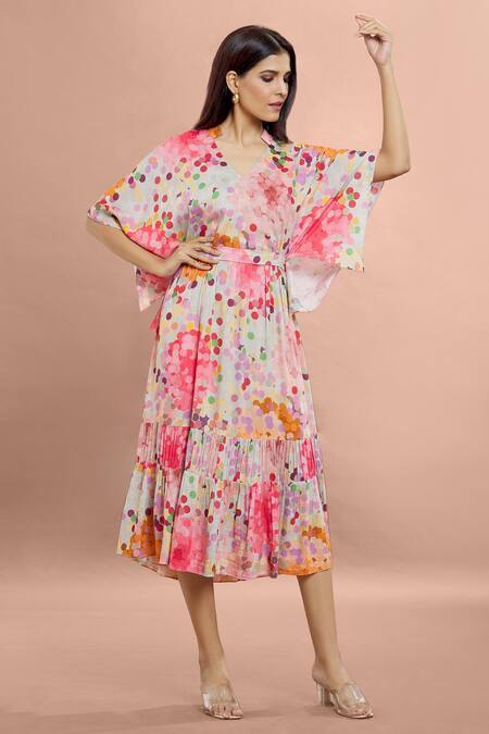 Shop Whimsical By Shica Coral Cotton, Silk V-neck Dot Print Dress With Belt Online at Aza Fashions Shop_Whimsical By Shica_Coral Cotton, Silk V-neck Dot Print Dress With Belt _Online_at_Aza_Fashions