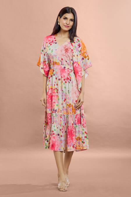 Whimsical By Shica Coral Cotton, Silk V-neck Dot Print Dress With Belt at Aza Fashions Whimsical By Shica_Coral Cotton, Silk V-neck Dot Print Dress With Belt _at_Aza_Fashions