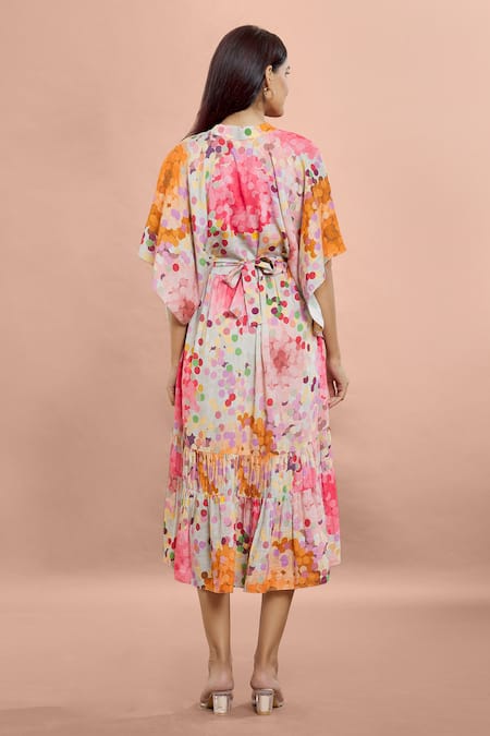 Whimsical By Shica Coral Cotton, Silk V-neck Dot Print Dress With Belt Online at Aza Fashions Whimsical By Shica_Coral Cotton, Silk V-neck Dot Print Dress With Belt _Online_at_Aza_Fashions