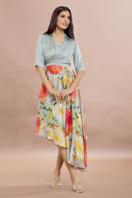 Whimsical By Shica Grey Organza, Satin Criss Cross Asymmetric Dress 