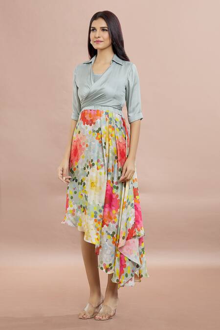 Shop Whimsical By Shica Grey Organza, Satin Criss Cross Asymmetric Dress Online at Aza Fashions Shop_Whimsical By Shica_Grey Organza, Satin Criss Cross Asymmetric Dress _Online_at_Aza_Fashions