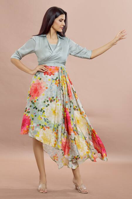 Whimsical By Shica Grey Organza, Satin Criss Cross Asymmetric Dress at Aza Fashions Whimsical By Shica_Grey Organza, Satin Criss Cross Asymmetric Dress _at_Aza_Fashions