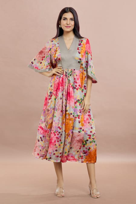 Whimsical By Shica Grey Silk V-neck Dot Print Tiered Dress With Belt 