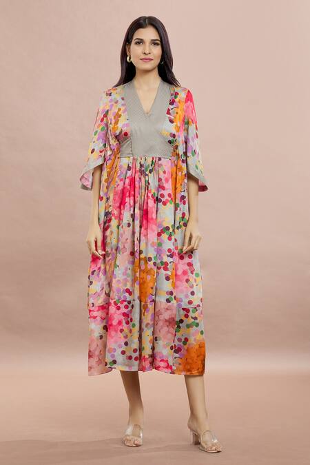 Buy Whimsical By Shica Grey Silk V-neck Dot Print Tiered Dress With Belt Online at Aza Fashions Buy_Whimsical By Shica_Grey Silk V-neck Dot Print Tiered Dress With Belt _Online_at_Aza_Fashions