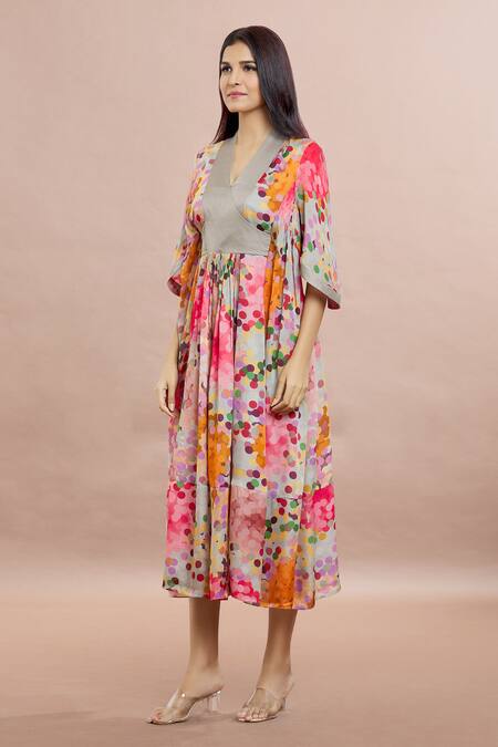 Shop Whimsical By Shica Grey Silk V-neck Dot Print Tiered Dress With Belt Online at Aza Fashions Shop_Whimsical By Shica_Grey Silk V-neck Dot Print Tiered Dress With Belt _Online_at_Aza_Fashions