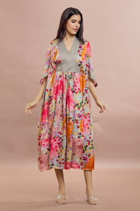 Whimsical By Shica Grey Silk V-neck Dot Print Tiered Dress With Belt at Aza Fashions Whimsical By Shica_Grey Silk V-neck Dot Print Tiered Dress With Belt _at_Aza_Fashions