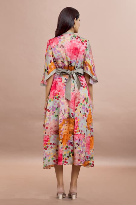 Whimsical By Shica Grey Silk V-neck Dot Print Tiered Dress With Belt Online at Aza Fashions Whimsical By Shica_Grey Silk V-neck Dot Print Tiered Dress With Belt _Online_at_Aza_Fashions