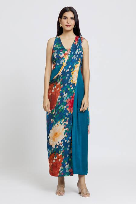 Buy_Whimsical By Shica_Blue Organza, Satin V-neck Dot Print Saree Draped Jumpsuit _Online_at_Aza_Fashions