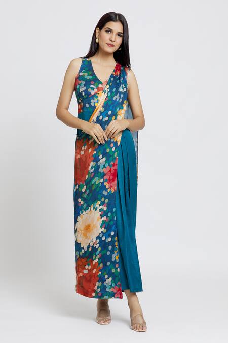 Shop_Whimsical By Shica_Blue Organza, Satin V-neck Dot Print Saree Draped Jumpsuit _Online_at_Aza_Fashions