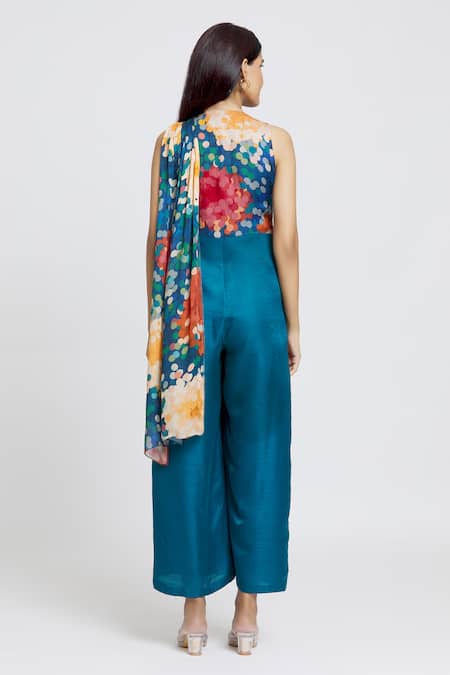 Whimsical By Shica_Blue Organza, Satin V-neck Dot Print Saree Draped Jumpsuit _Online_at_Aza_Fashions